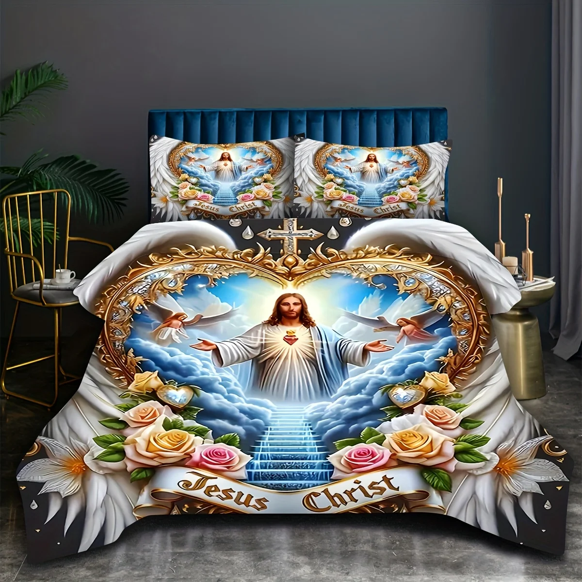 Duvet Cover Sets With Zipper - أجنحة التعبّد المقدس، صليب، زهرة، ملاك،