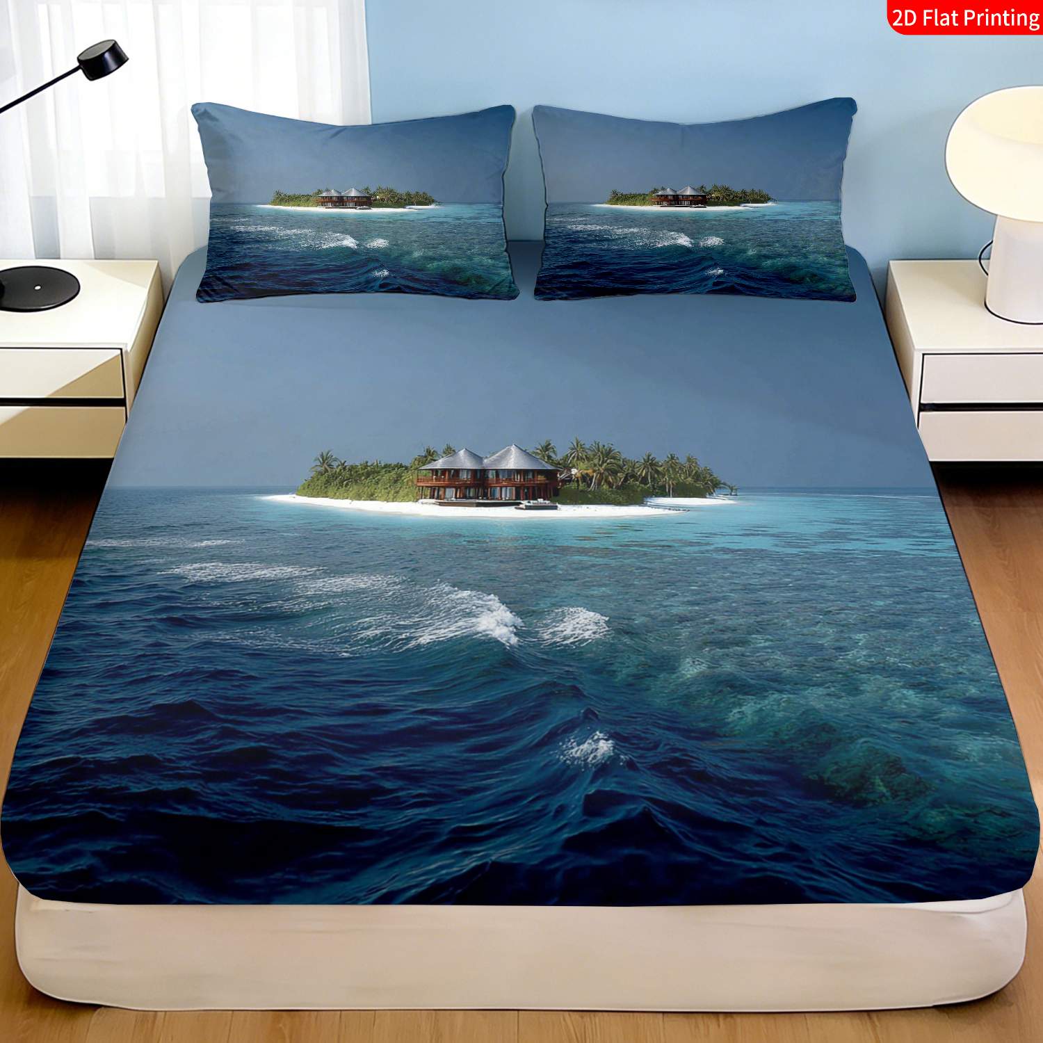 Fitted Bed Sheets Deep Pocket - طقم مفروشات سرير بتصميم جزيرة استوائية،