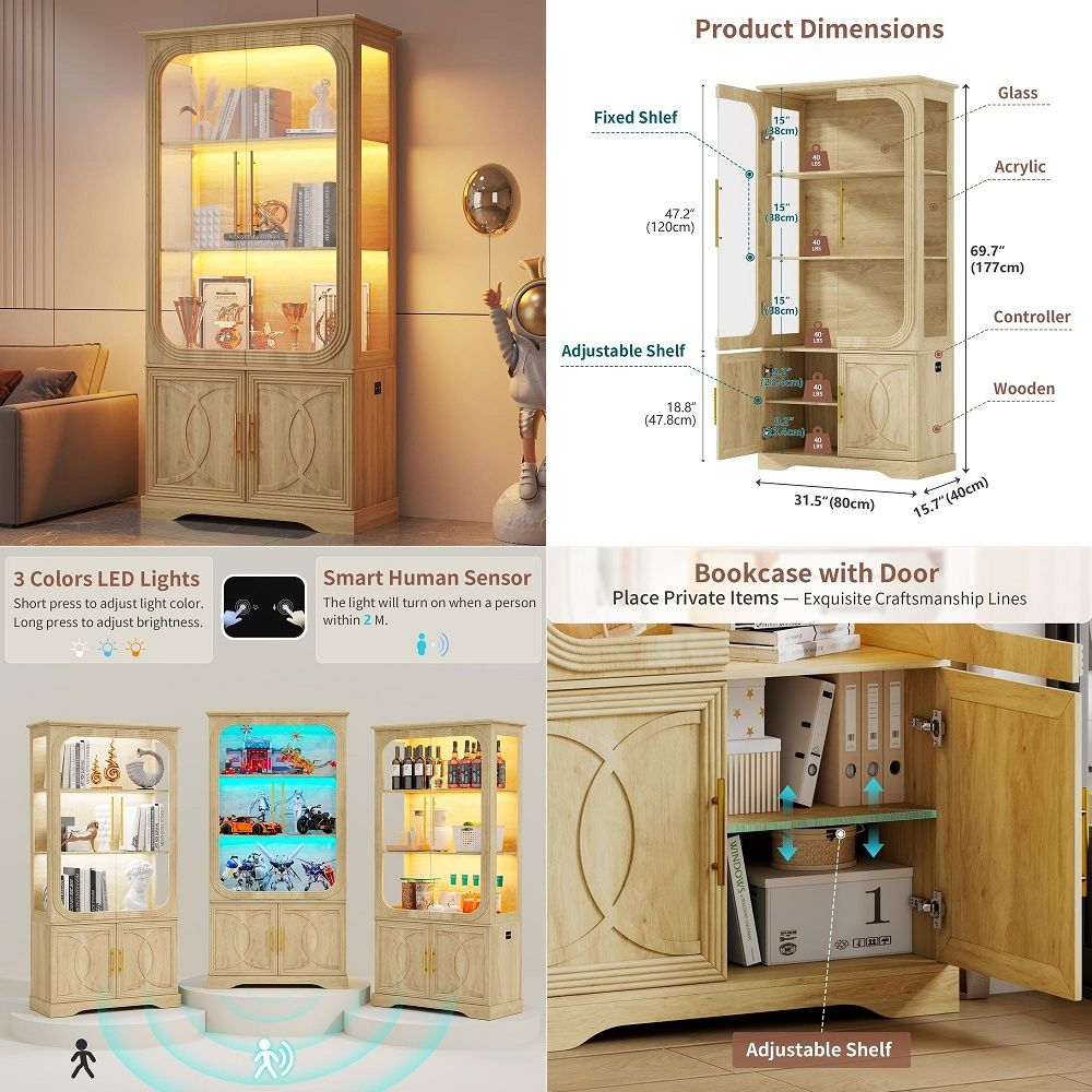 Storage & Organization - خزانة عرض بأبواب زجاجية ورفوف تخزين،