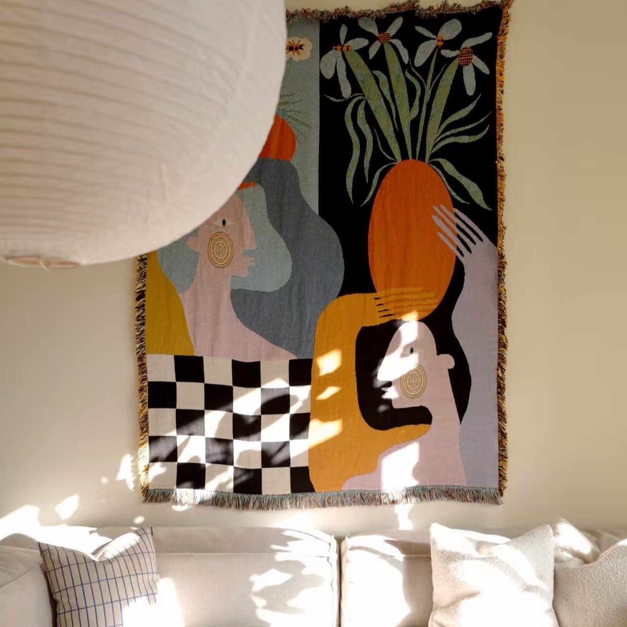 Boho Throw Blanket Fringe - نسيج جداري فني تجريدي حديث بنمط
