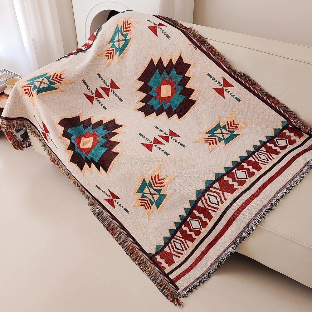 Boho Throw Blanket Fringe - بطانية أزتيك كبيرة الحجم بطراز بوهو