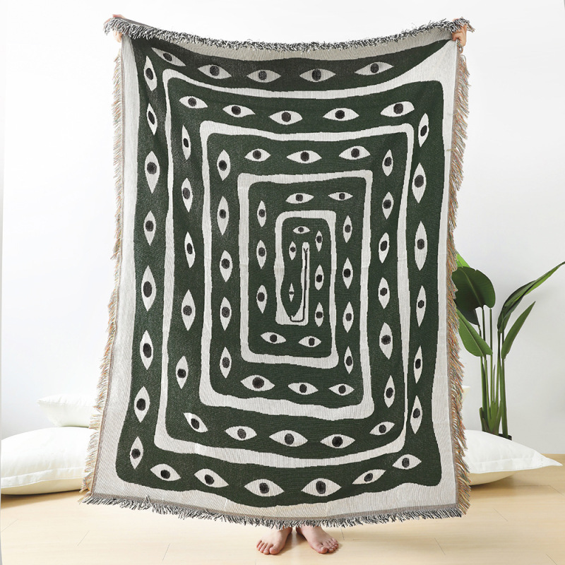Boho Throw Blanket Fringe - بطانية جاكار خضراء وبيضاء بنمط العين