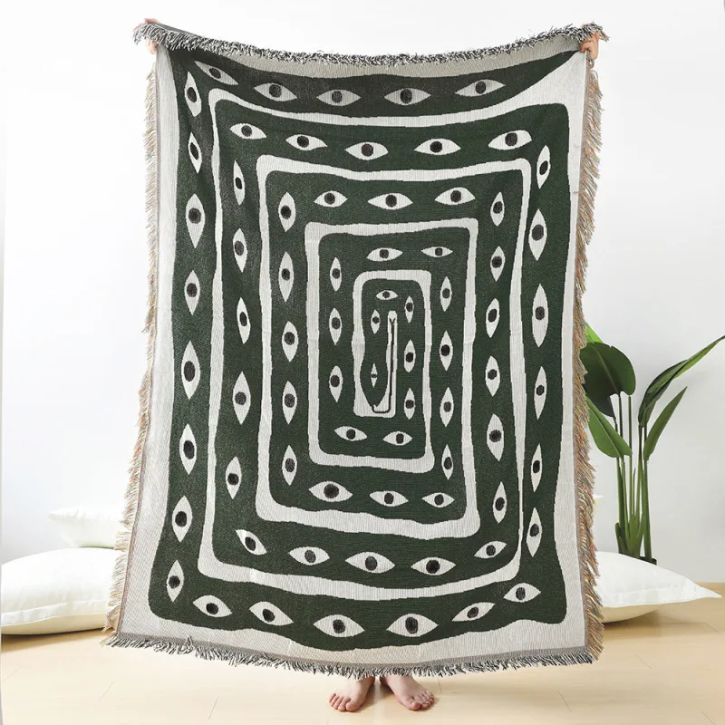 Boho Throw Blanket Fringe - بطانية جاكار بتصميم العين الشريرة باللونين